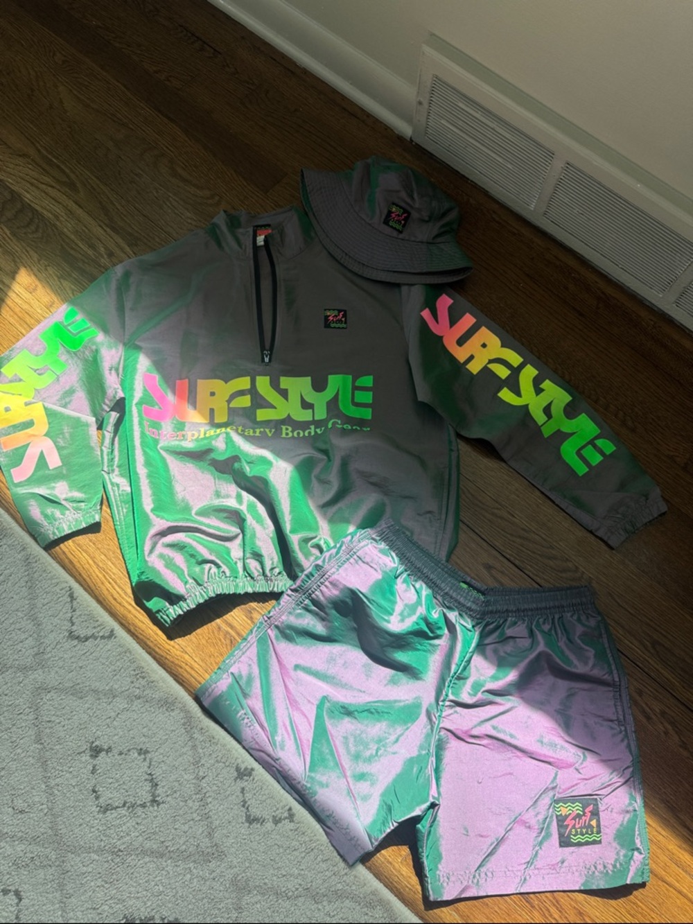 Surf Style Green Shorts with Neon Green & Pink/purple  Accents set size small